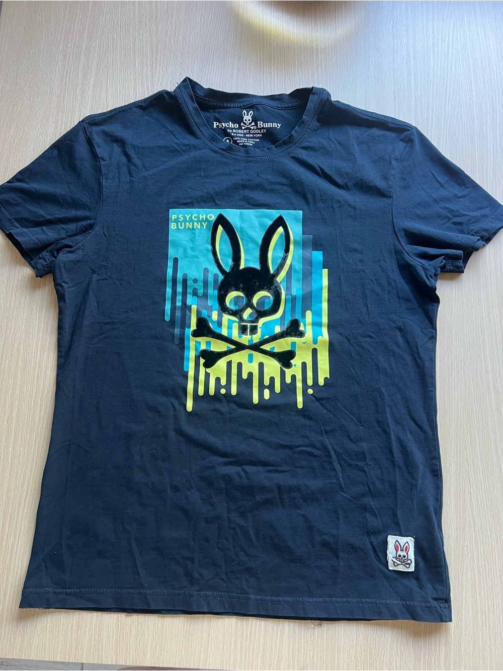 Psycho Bunny Black Short-Sleeve Tee with Neon Blue and Yellow Graphic